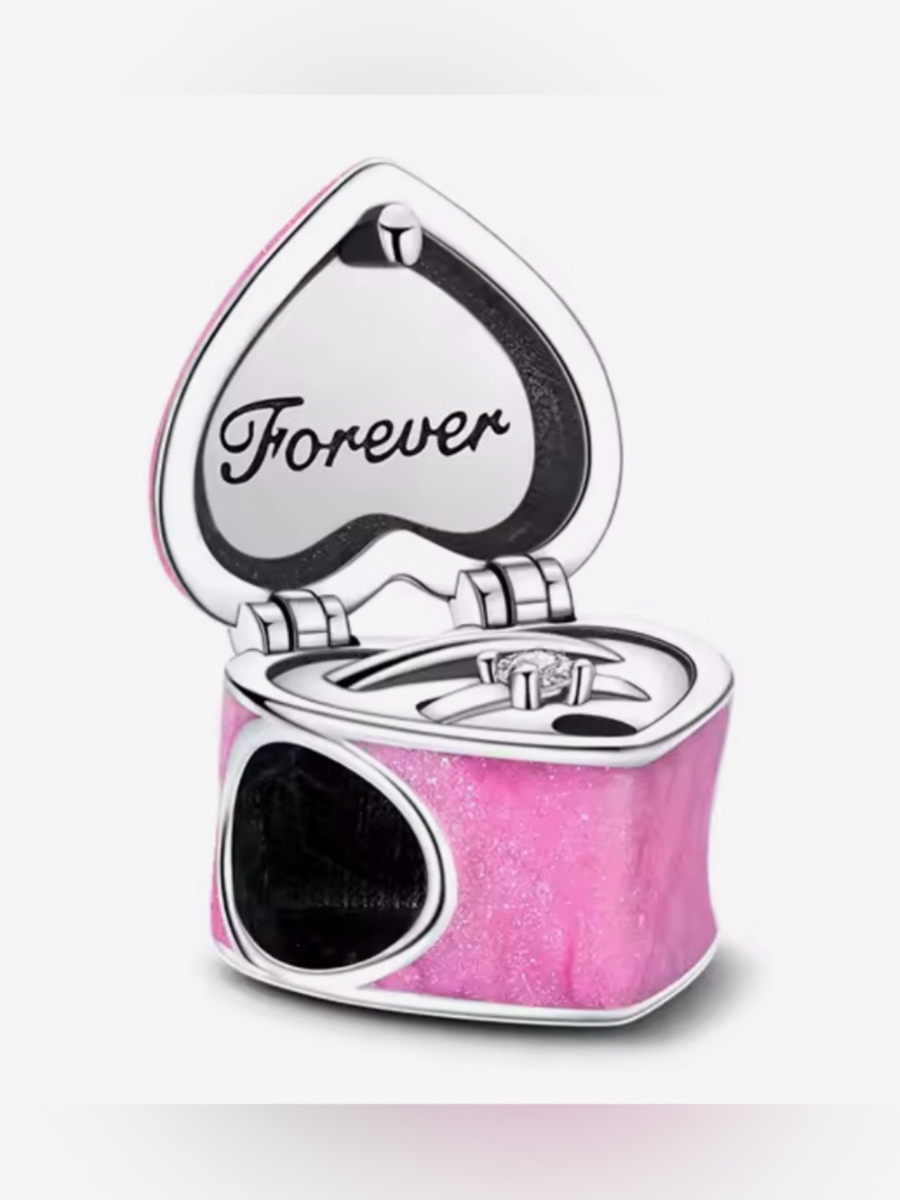Silver & Pink Heart Ring Box Charm 'Forever' & Rings